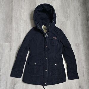 Vintage Y2K Hollister Navy Blue Hooded Sherpa Lined Utility Parka Size Small